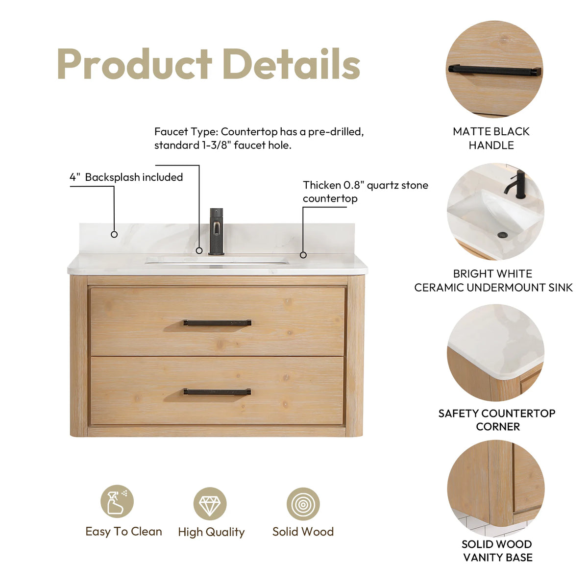 Feature summary for the Fir Wood Brown vanity: matte black handle, undermount sink, rounded corner, 36-inch model