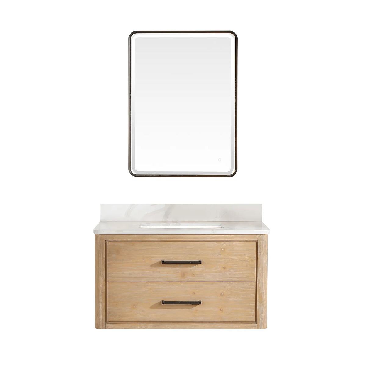 Studio shot pairing the floating Fir Wood Brown cabinet with its mirror and quartz top, 36-inch model