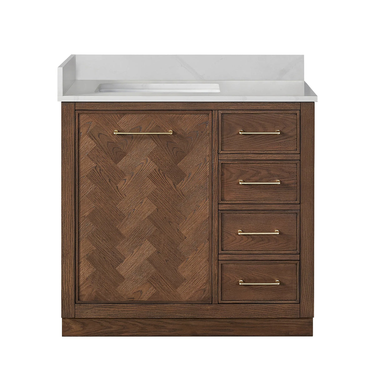 Front view of a 36-inch freestanding single bathroom vanity in Aged Dark Brown Oak, quartz top with backsplash