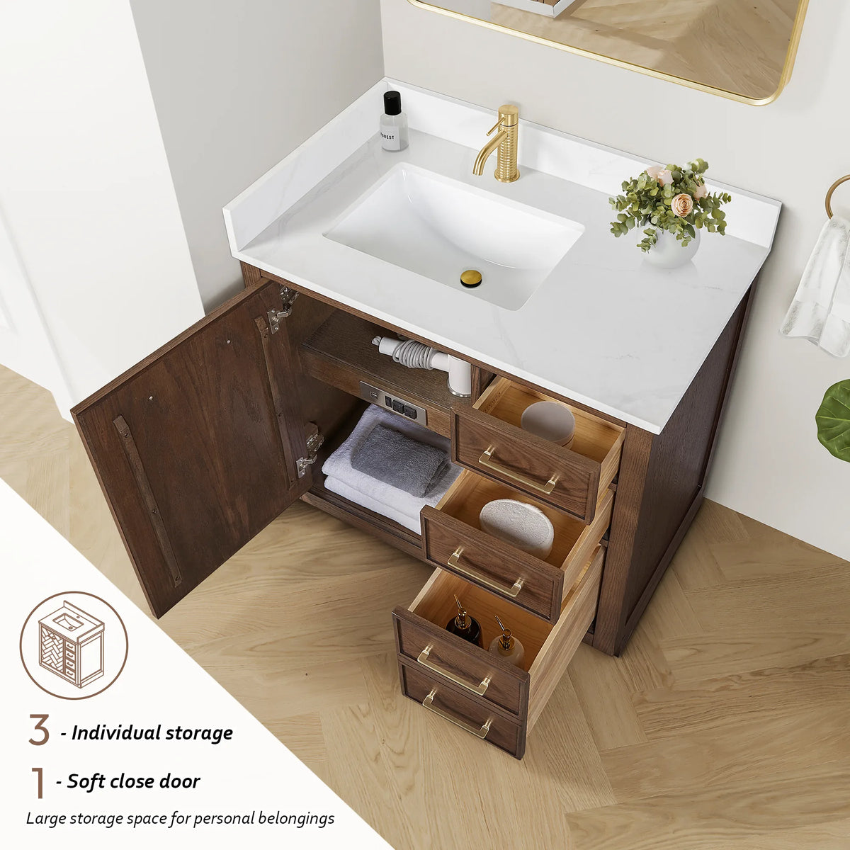 Storage view of the 36-inch vanity: a soft close door with shelf at left, open drawers on the right