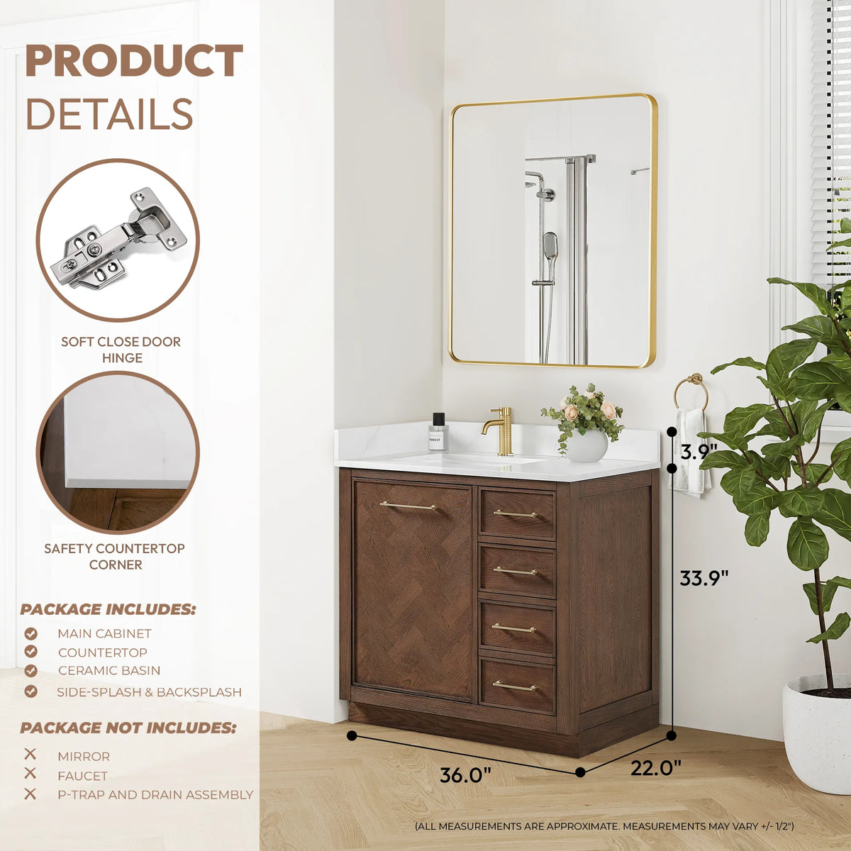 Product details graphic for the 36-inch vanity, listing cabinet, top, ceramic basin and splash pieces, and its measured size