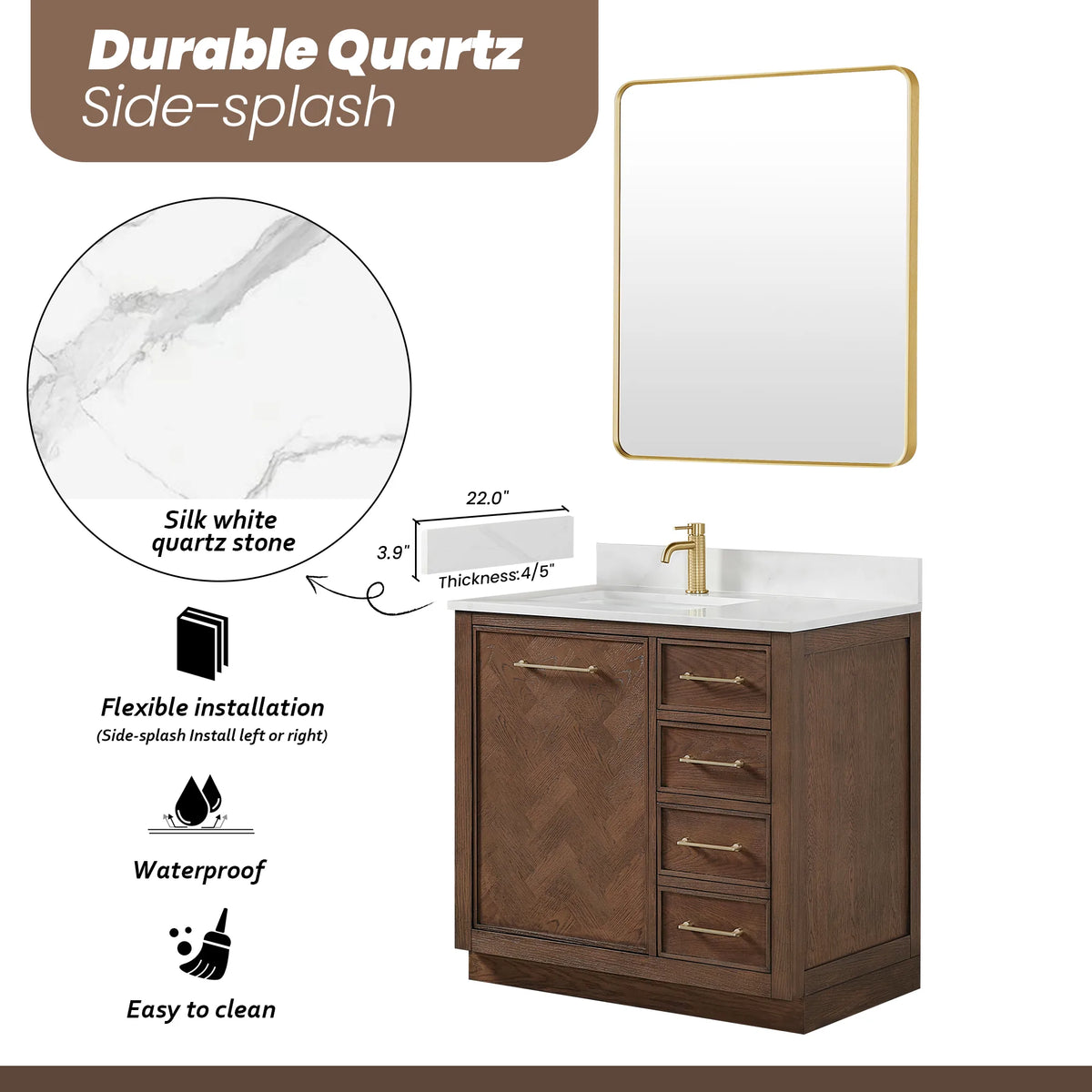 Quartz top detail with a veined swatch and a splash piece, plus a 36-inch vanity beside a mirror