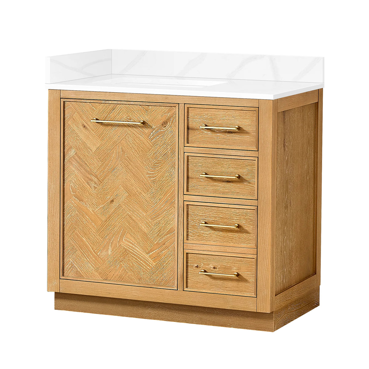 Angled studio view of a 36-inch freestanding single bathroom vanity in Oak Natural Brown, quartz top with backsplash