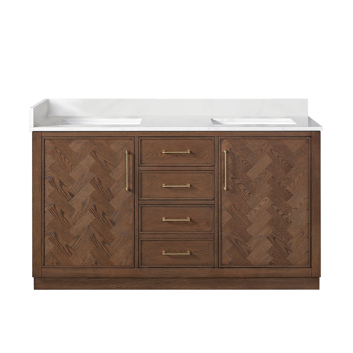 Front view of the 60-inch freestanding double bathroom vanity in Aged Dark Brown Oak, white quartz backsplash top