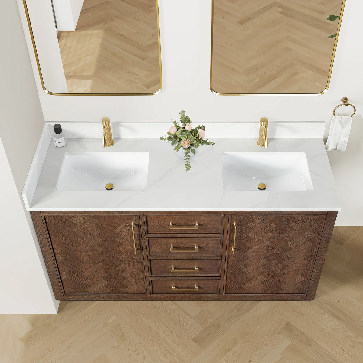 High-angle look at the 60-inch double vanity with a backsplash and undermount basins, plus a drawer stack between doors
