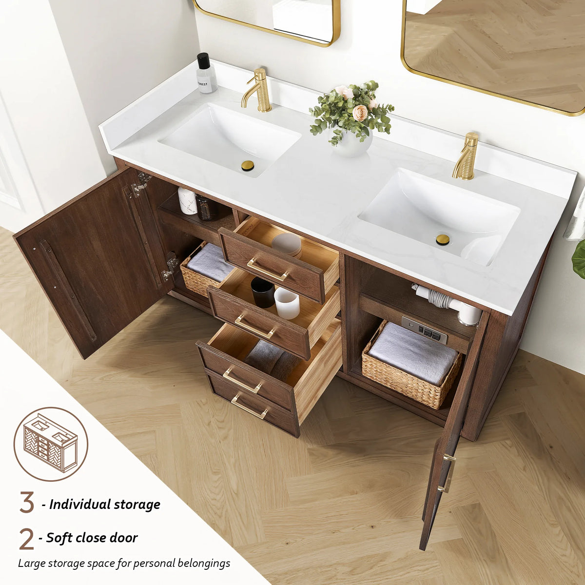 Storage graphic for the 60-inch double showing open drawers and a basket on the shelf, plus swung doors