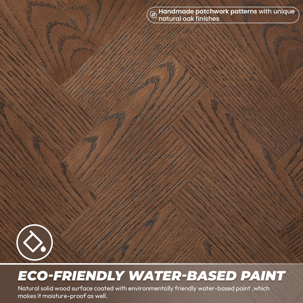 Crosshatch wood texture in a rich brown, with a note on its moisture-resistant paint coating