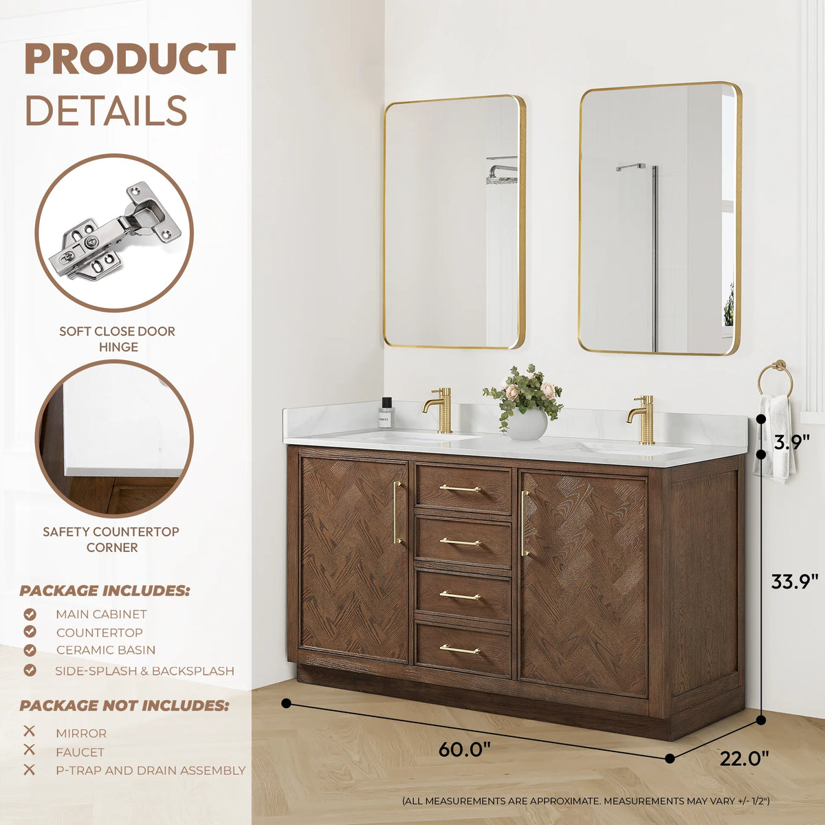 Product details graphic for the 60-inch double, listing the cabinet, top, ceramic basins and splash pieces