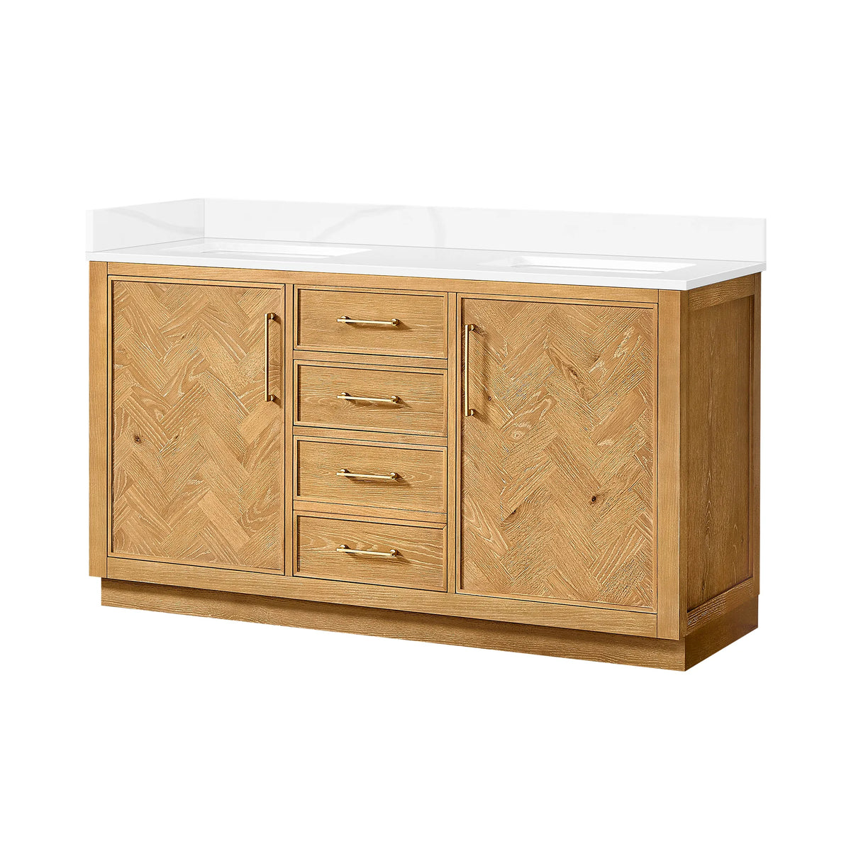 Angled studio view of the 60-inch freestanding double bathroom vanity in Oak Natural Brown, quartz top with backsplash