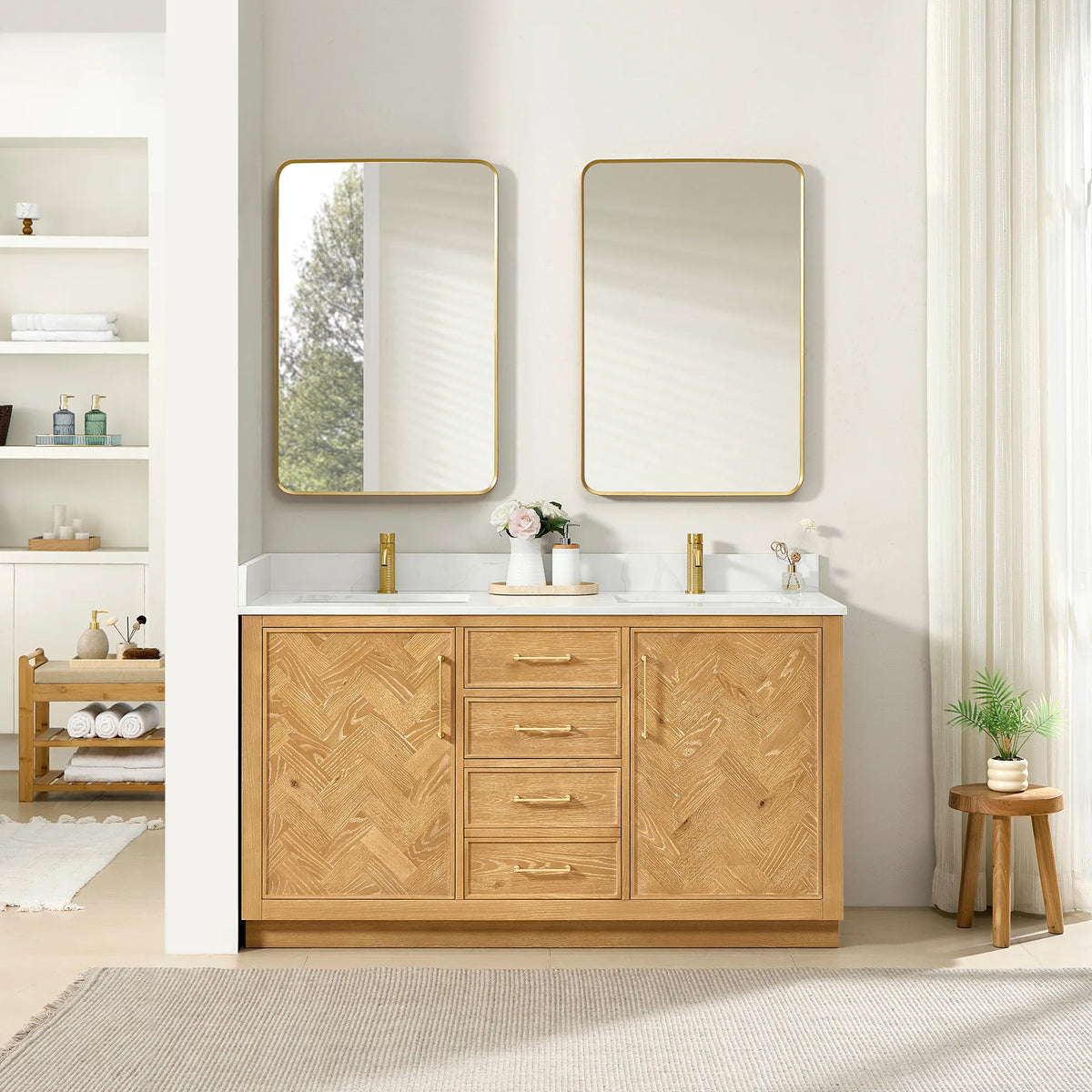 Bathroom scene with the 60-inch double vanity, its matching pair of mirrors and a tray on the top, plus sheer curtains
