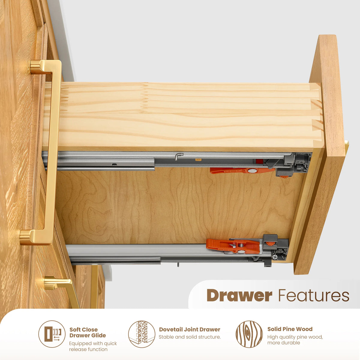 Side view of a drawer on the 60-inch double, a metal glide with quick release beside a light wood box