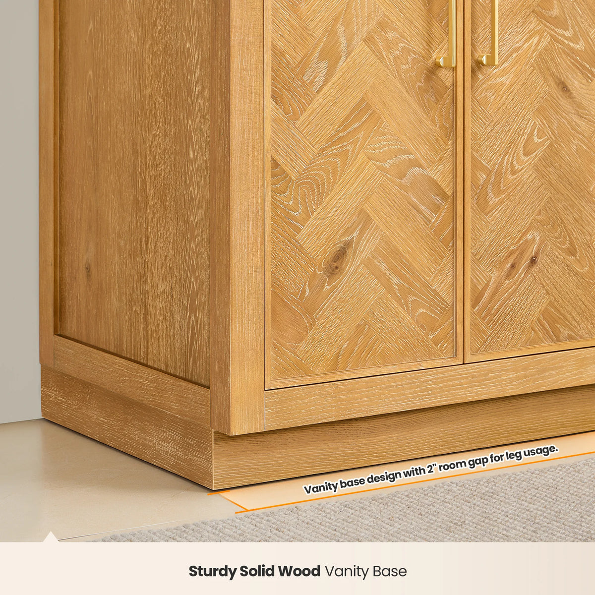 Base detail on the 60-inch double: a sturdy plinth beneath the herringbone doors