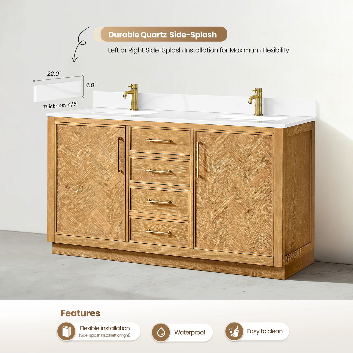 Durable quartz side-splash callout on the 60-inch double, listing flexible installation, waterproof and easy-clean features