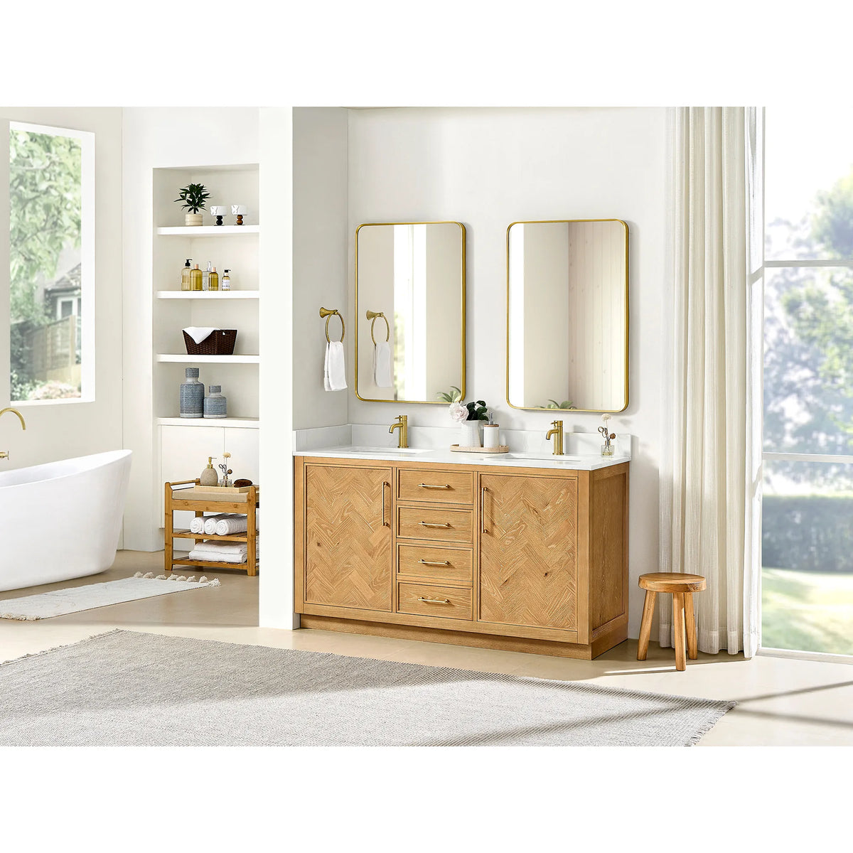 Lifestyle shot of the 60-inch double beside a freestanding tub, with two gold mirrors above the quartz top