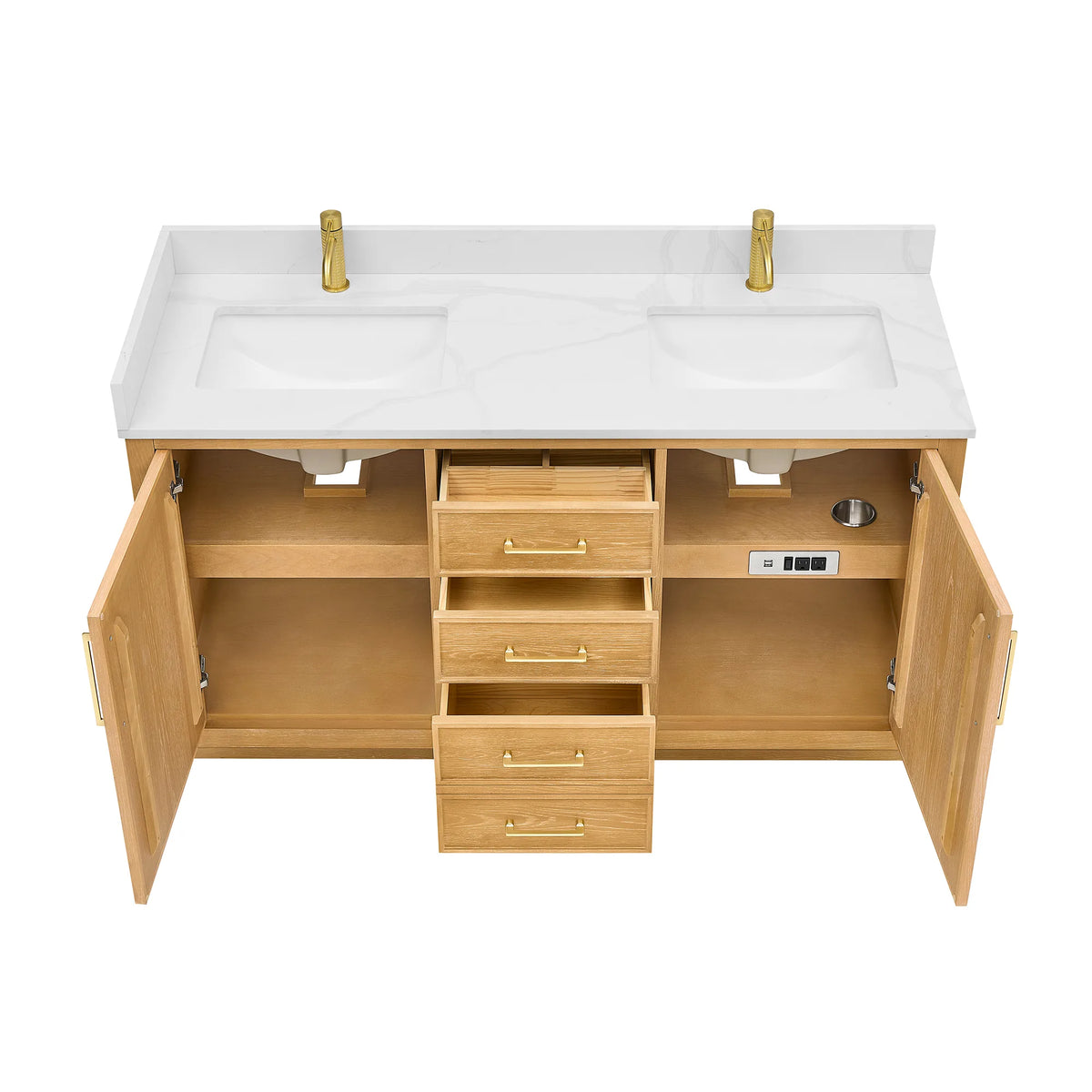 Top-down look into the opened 60-inch Oak Natural Brown double, a pair of basins and a stack of three drawers between doors