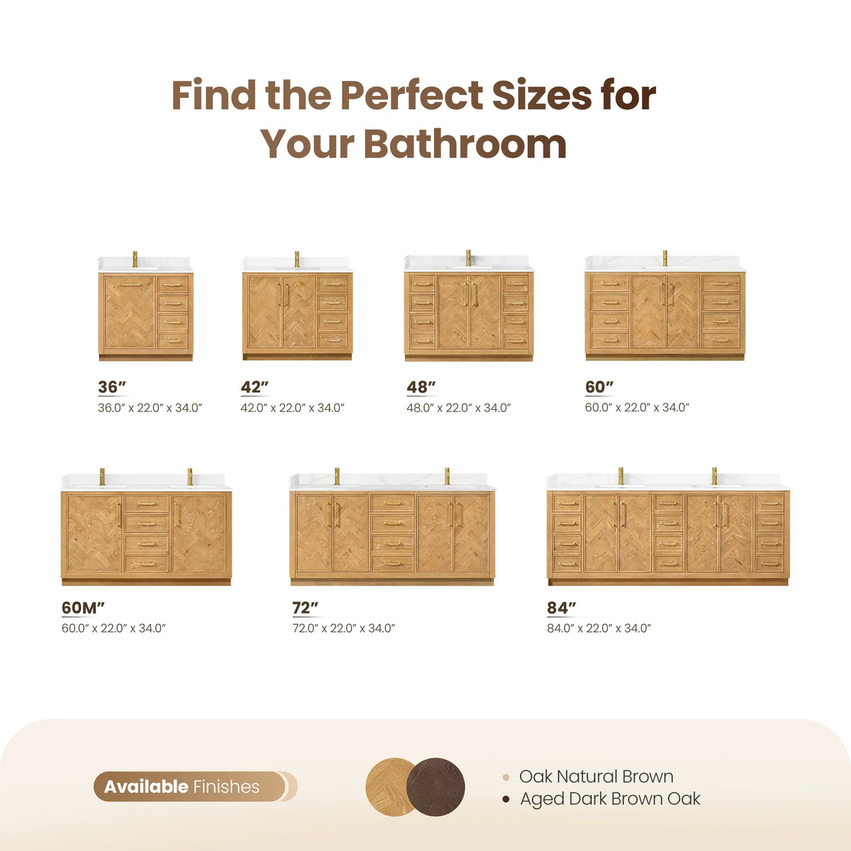 Find-your-size graphic for the range: singles in the top row, doubles below, finishes at the bottom