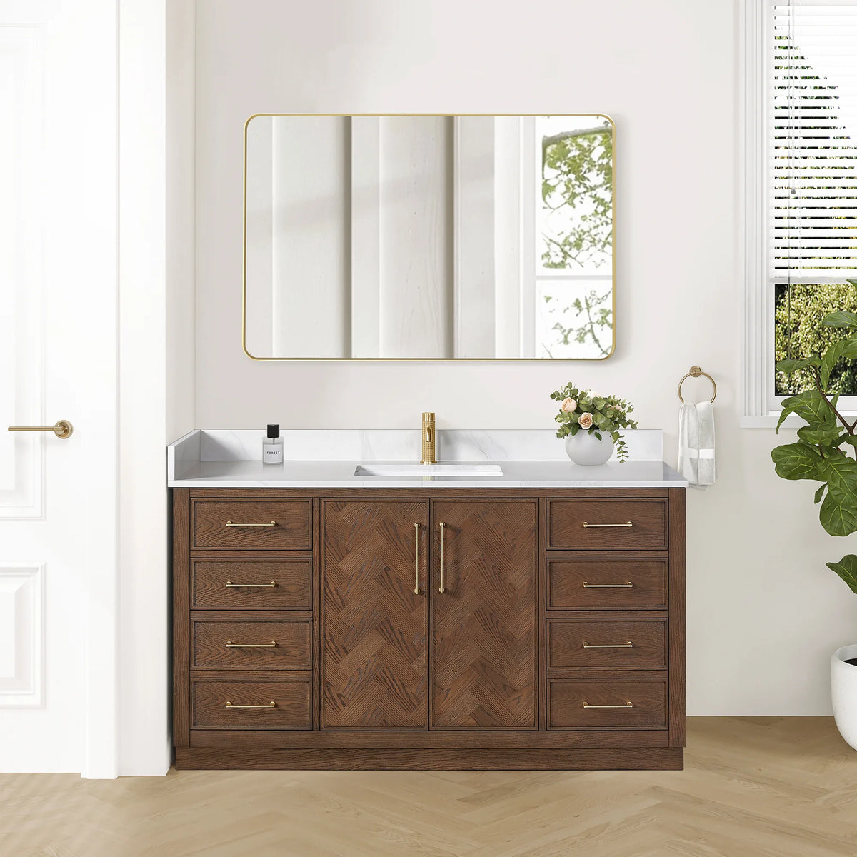 Bathroom scene with the 60-inch single vanity, its matching mirror and a towel ring, plus a small flower arrangement