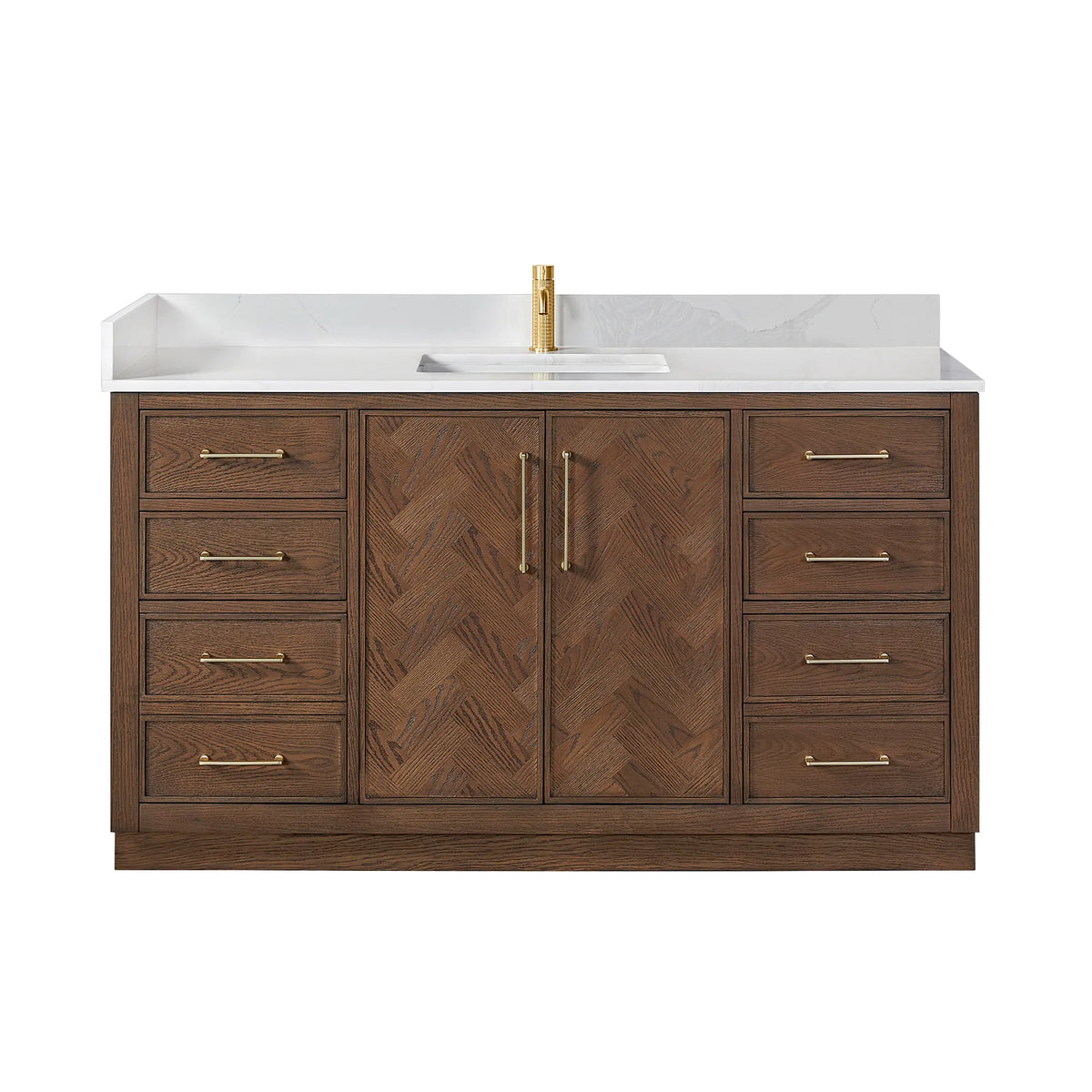 Studio shot of the 60-inch single vanity with doors flanked by drawers; the faucet pictured is sold apart