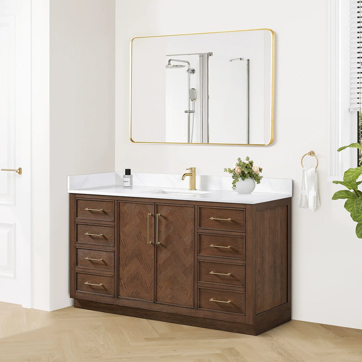 Angled room view of the 60-inch Aged Dark Brown Oak single vanity, with a flower arrangement on the quartz top