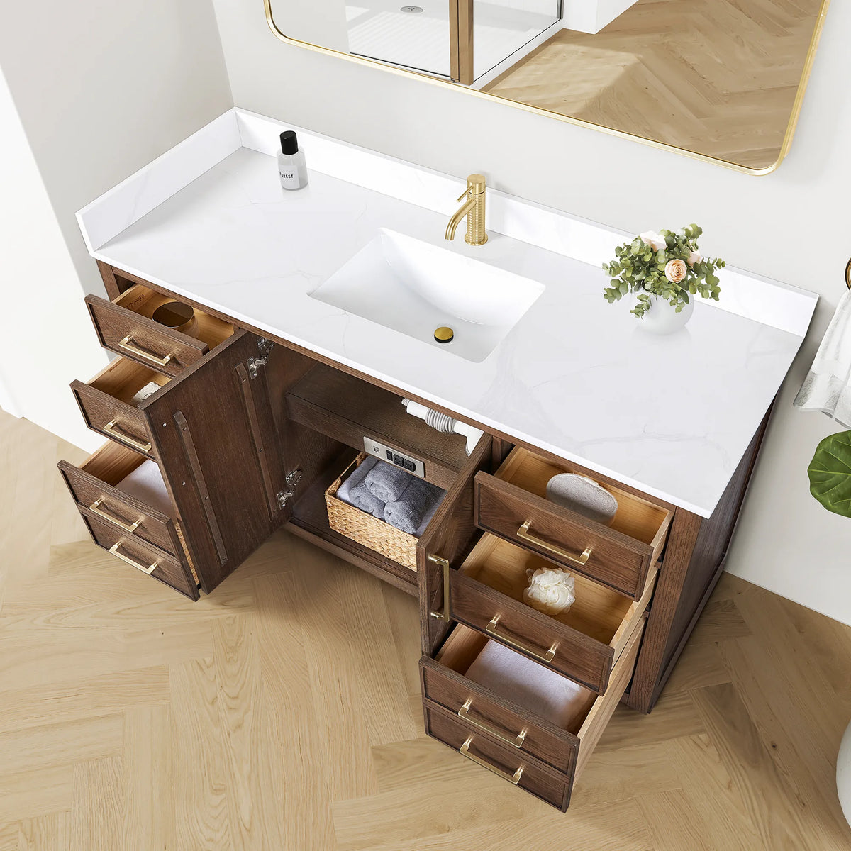 Open cabinet on the 60-inch single vanity: swung door and basket on the shelf, with drawers pulled out on either side
