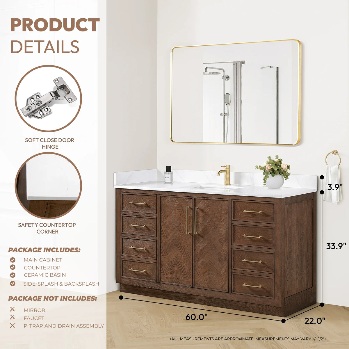 Product details graphic for the 60-inch vanity, listing cabinet, top, ceramic basin and splash pieces, plus overall size