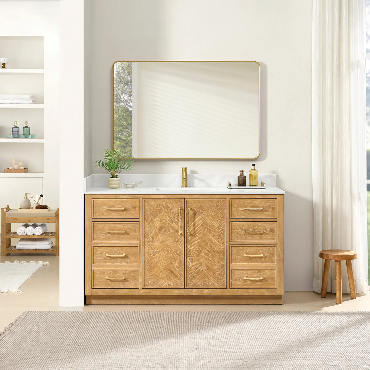 Bathroom scene with the 60-inch single vanity, its matching mirror and a tray of bottles, plus sheer curtains at the window