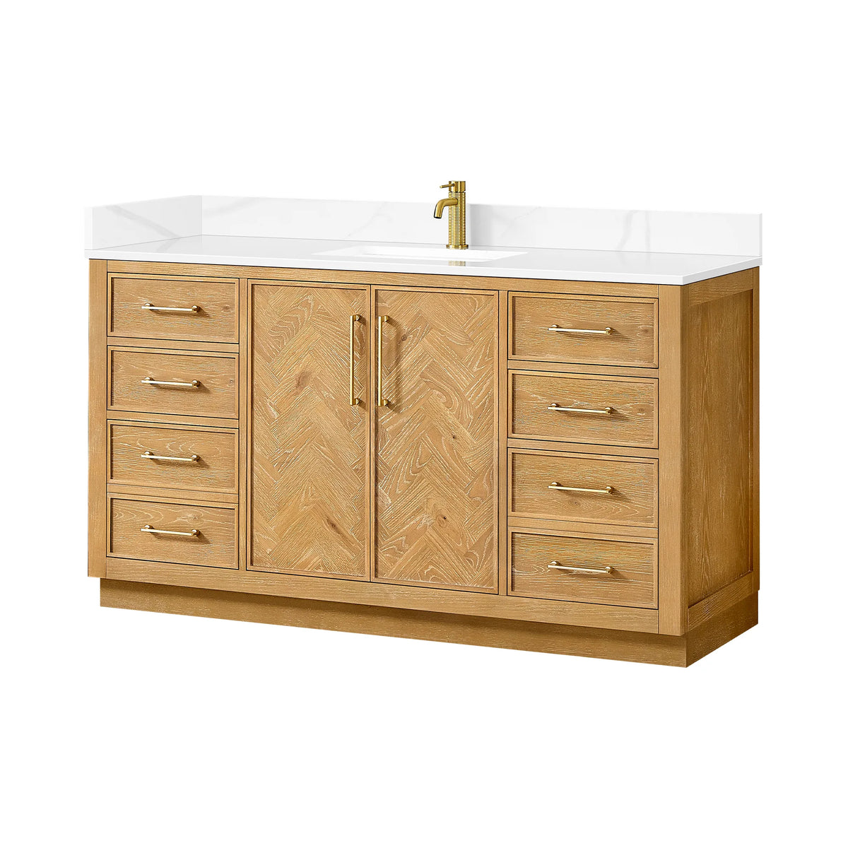 Three-quarter studio shot of the wide 60-inch single vanity, Brushed Gold pulls; the faucet pictured is sold apart