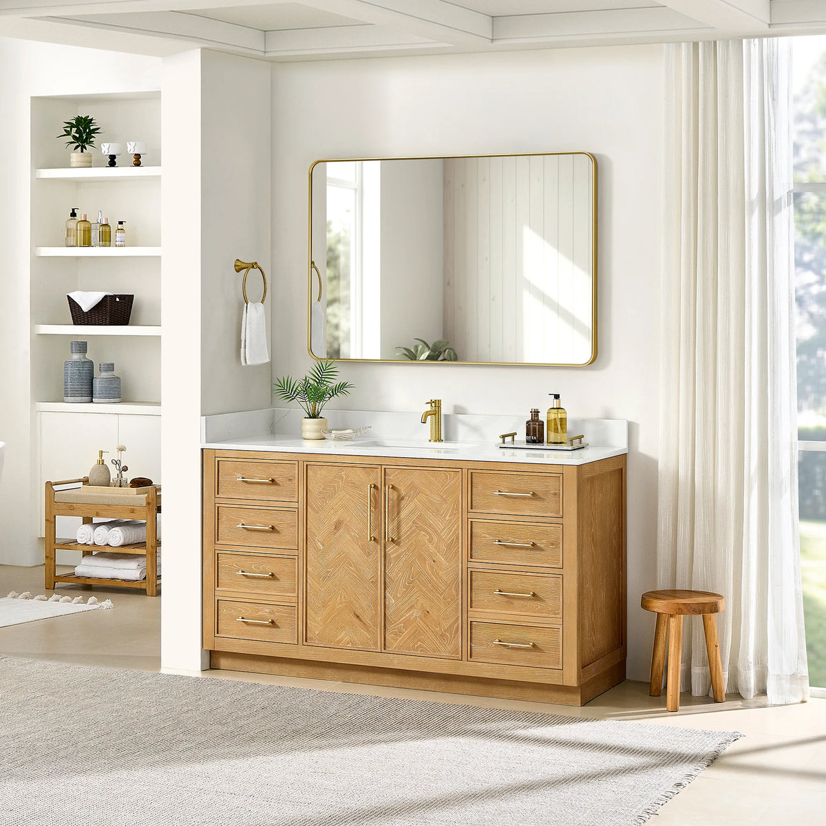 Room view of the 60-inch single vanity with a towel ring and a wooden stool, plus a tall window