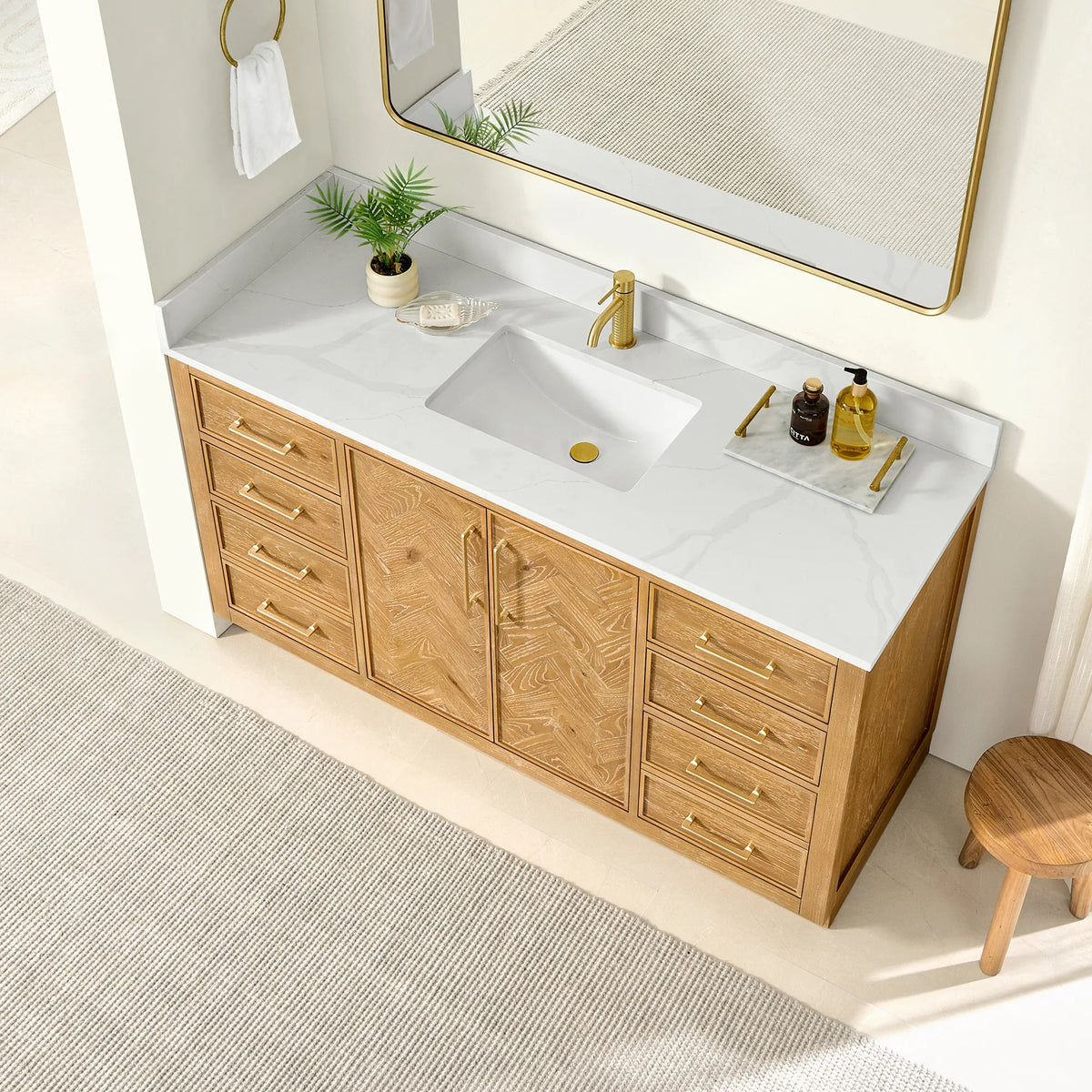 High-angle look at the 60-inch single vanity, center doors flanked by drawer banks below a white top