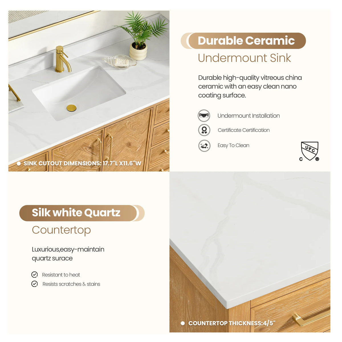 Sink and countertop callout for the 60-inch Oak Natural Brown vanity: ceramic undermount sink above a Silk White Quartz top