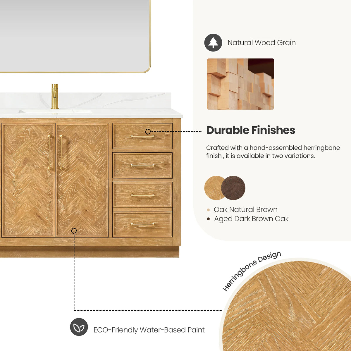 Durable finishes callout: a close pattern view, with Oak Natural Brown listed among two finishes