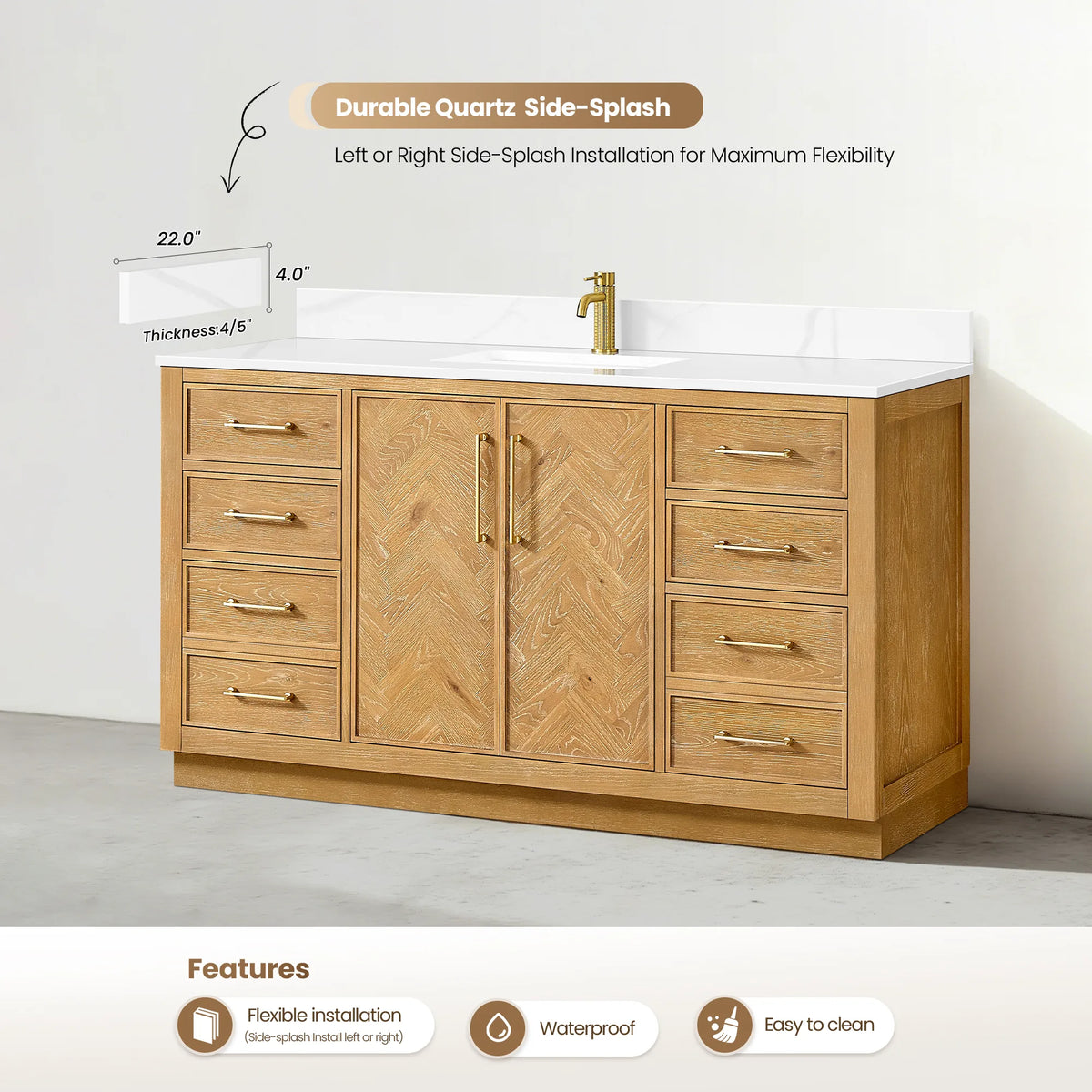 Durable quartz side-splash callout on the 60-inch vanity, listing flexible installation, waterproof and easy-clean features