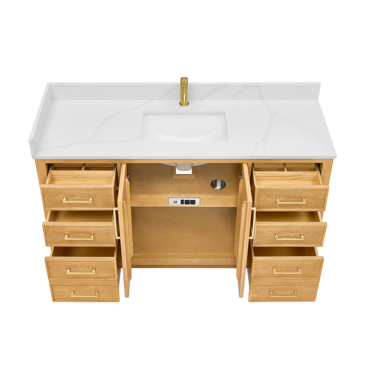 Top-down look into the opened 60-inch Oak Natural Brown vanity, a center shelf with outlets between two drawer banks