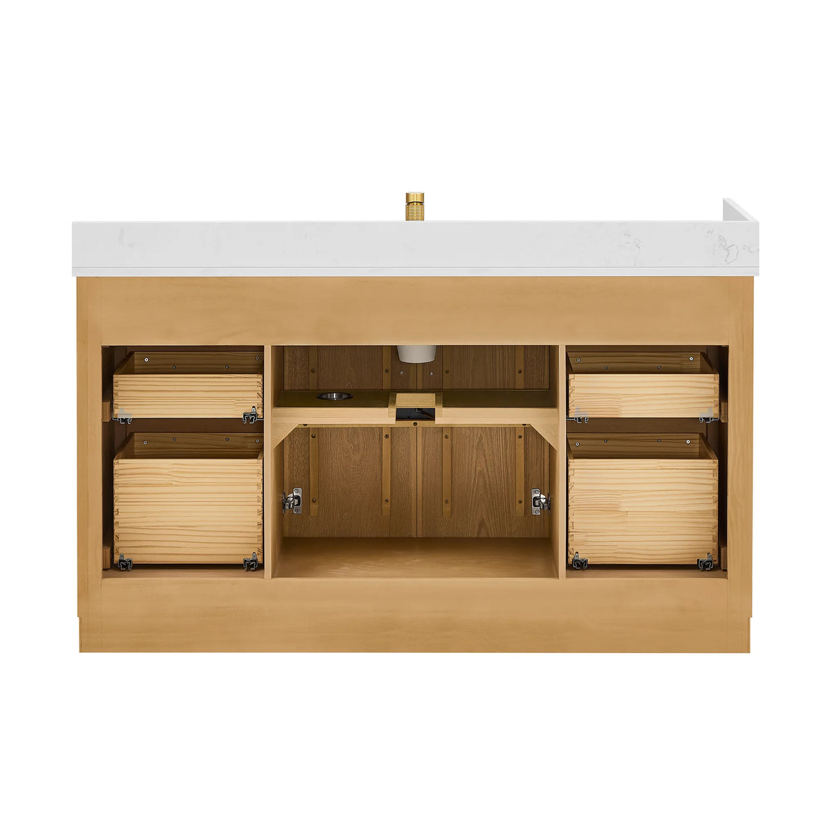 Inside the 60-inch vanity with doors out of view: stacked drawer boxes and a center shelf, plus the sink's underside