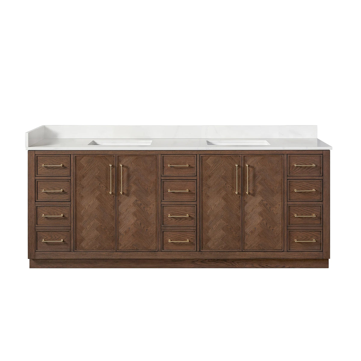 Front view of the 84-inch freestanding double bathroom vanity in Aged Dark Brown Oak, quartz top with backsplash