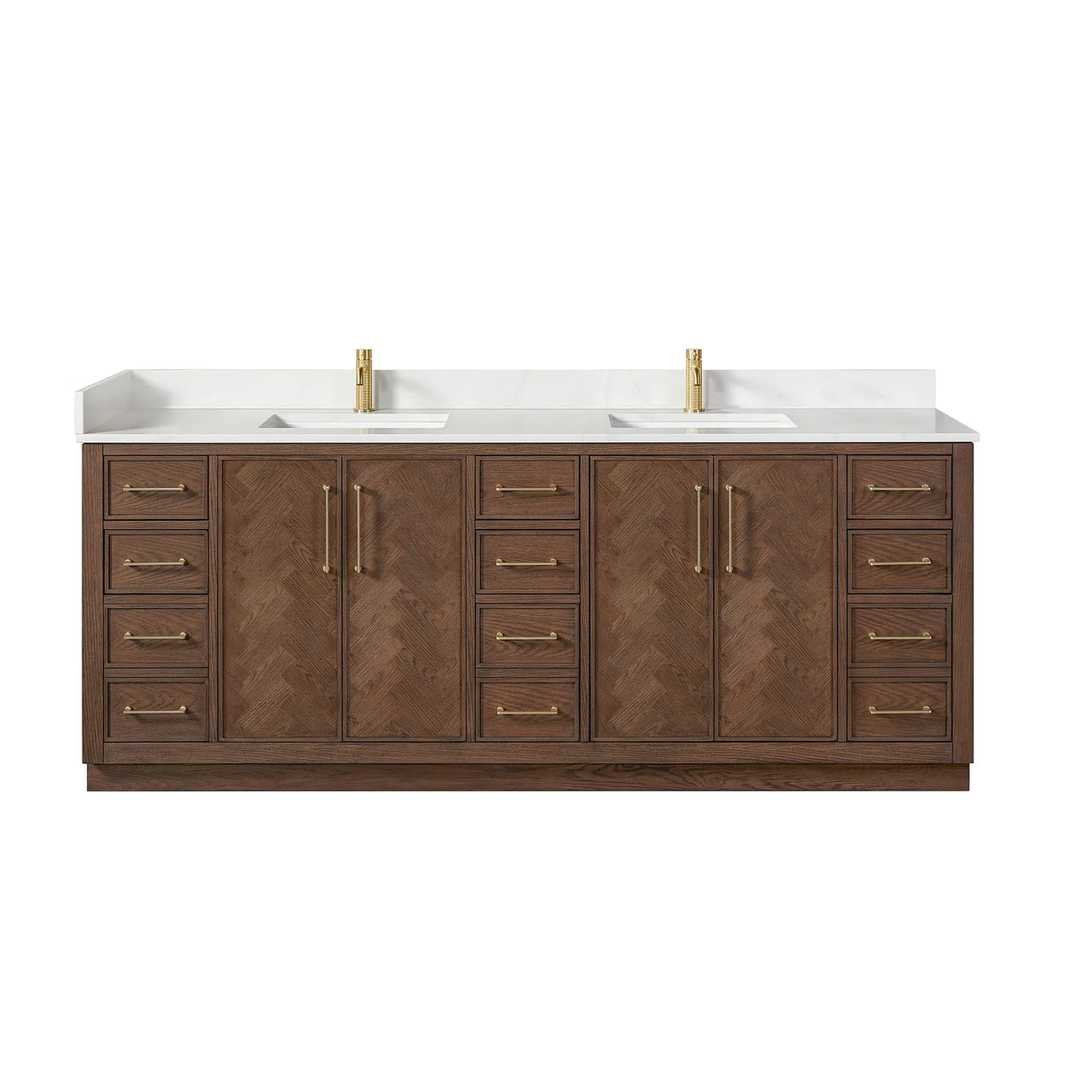 Straight-on studio shot of the wide 84-inch double with drawer banks at each end; the faucets pictured are separate