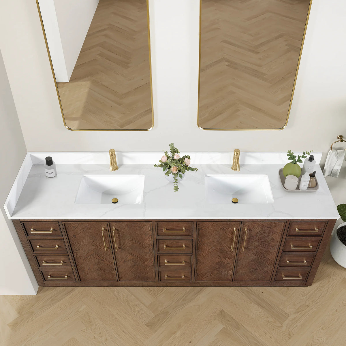 High-angle look at the 84-inch double, white veined top and backsplash over doors and drawer banks