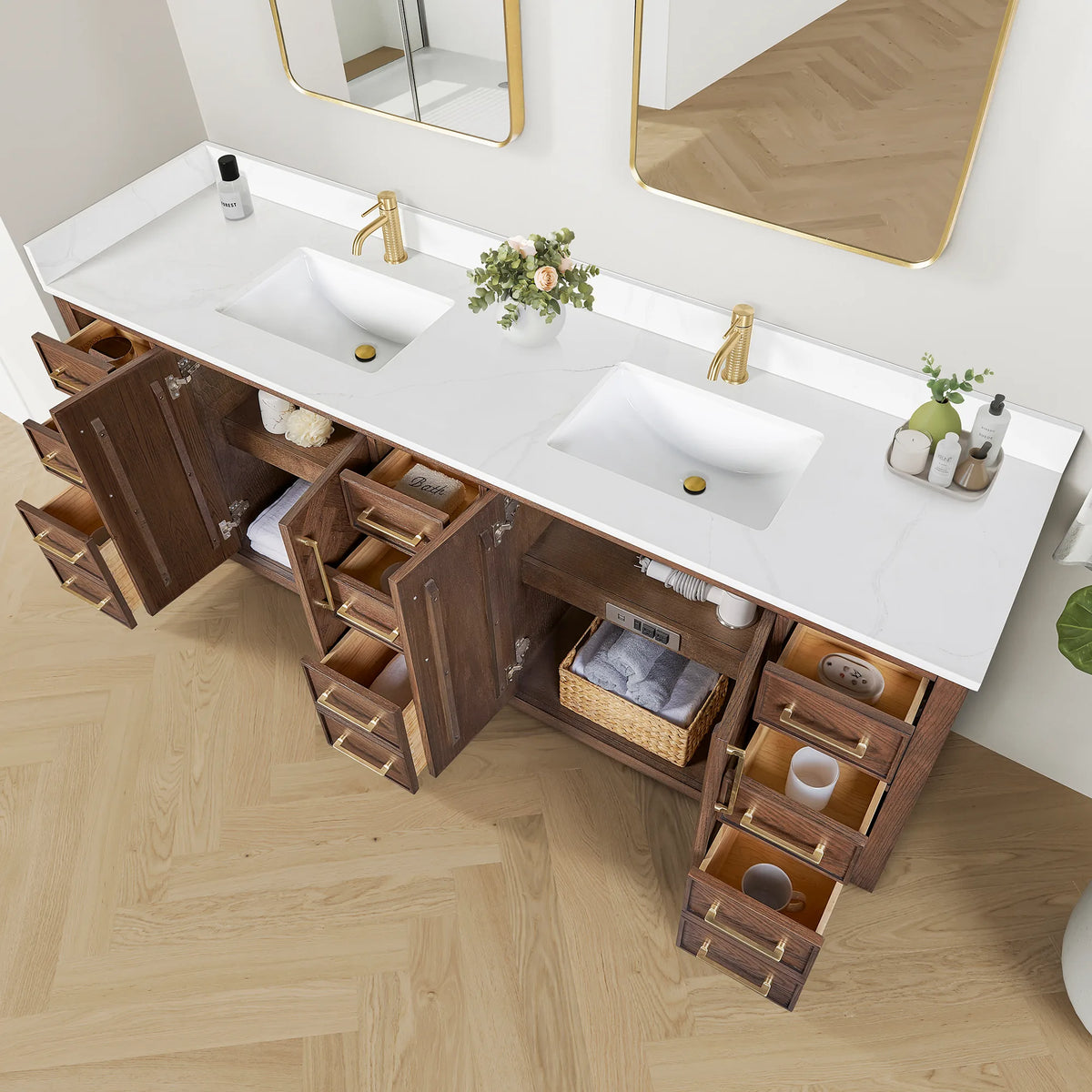 Open storage on the 84-inch double: swung doors and pulled-out drawers, with a woven basket beside the basin