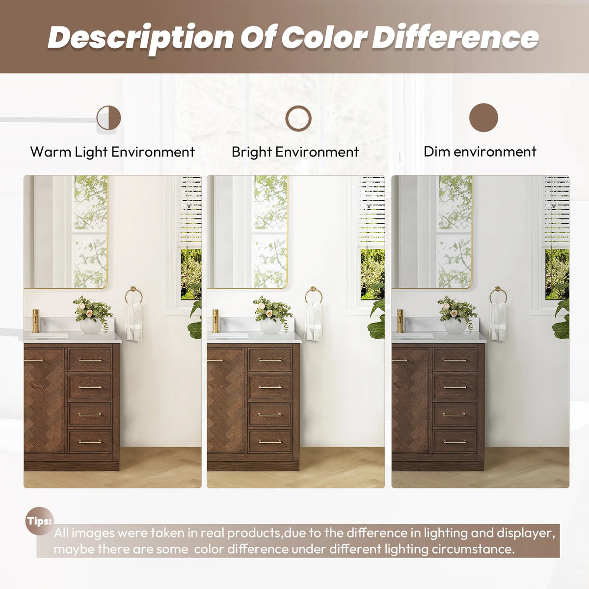 Color difference guide made of three bathroom photos under changing lighting