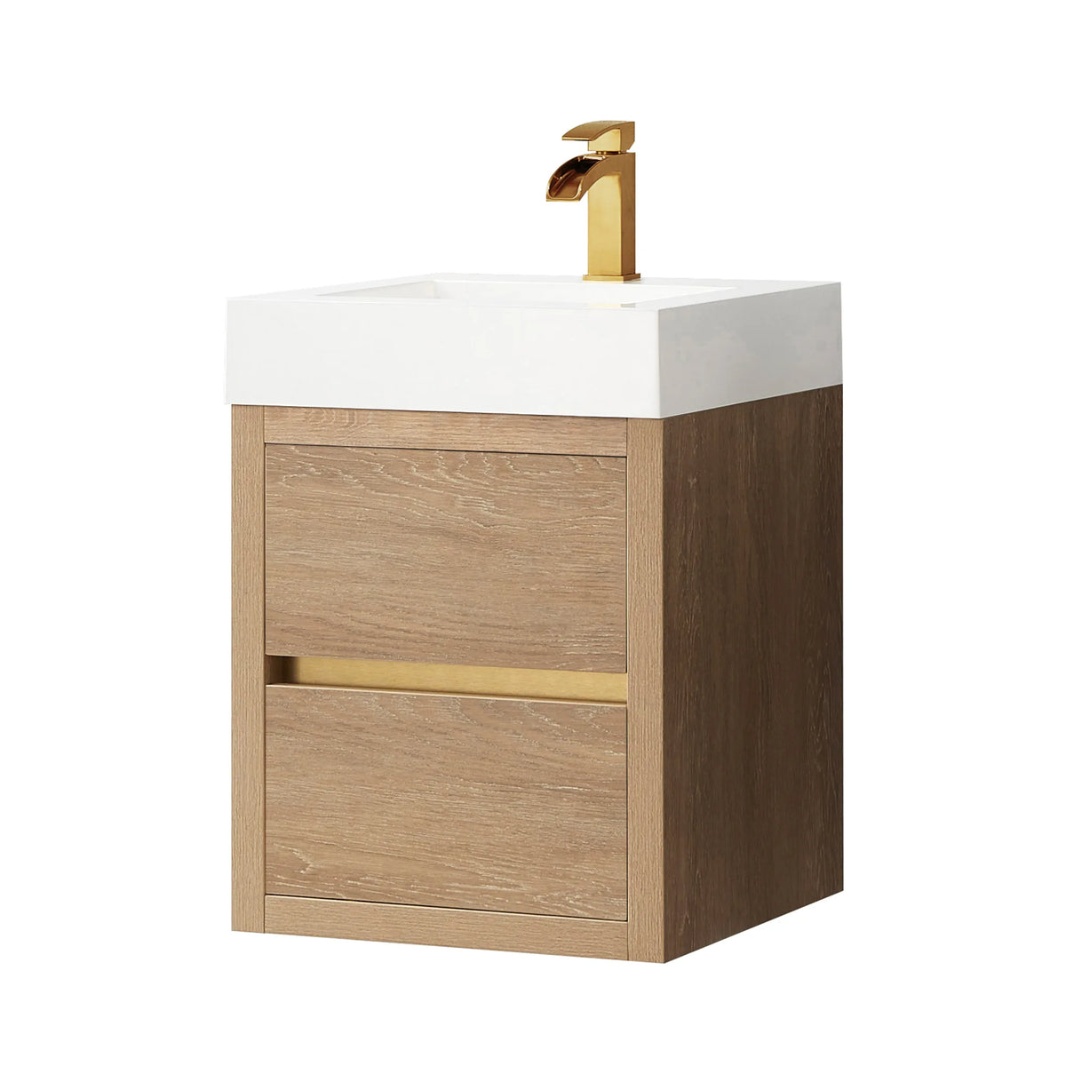 North American Oak cabinet and white integrated sink top on white, displayed with a gold faucet