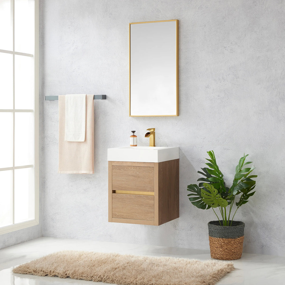 18 inch floating vanity in a bright bathroom with a tall window, towel bar and potted plant
