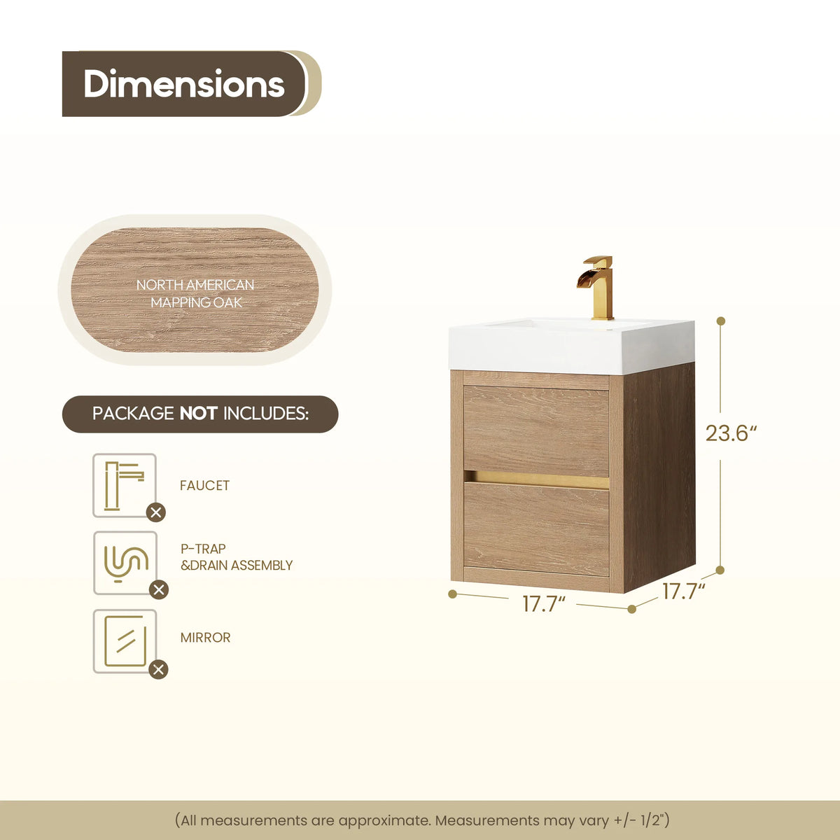 Size diagram for the 18 inch floating vanity: 17.7 inch width, 17.7 inch depth, 23.6 inch height