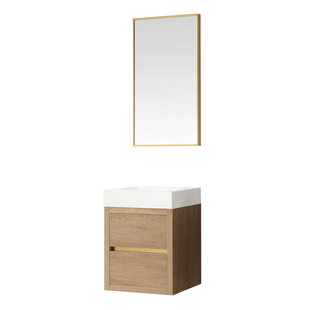 Floating vanity with its rectangular aluminum-framed mirror mounted above, on a plain white background