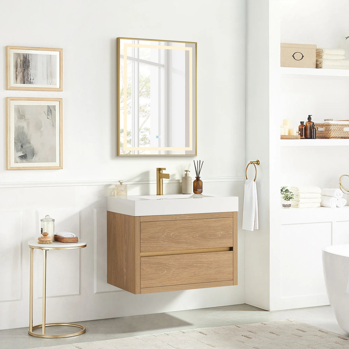 Wide bathroom view of the 30 inch floating vanity with a mirror and tub