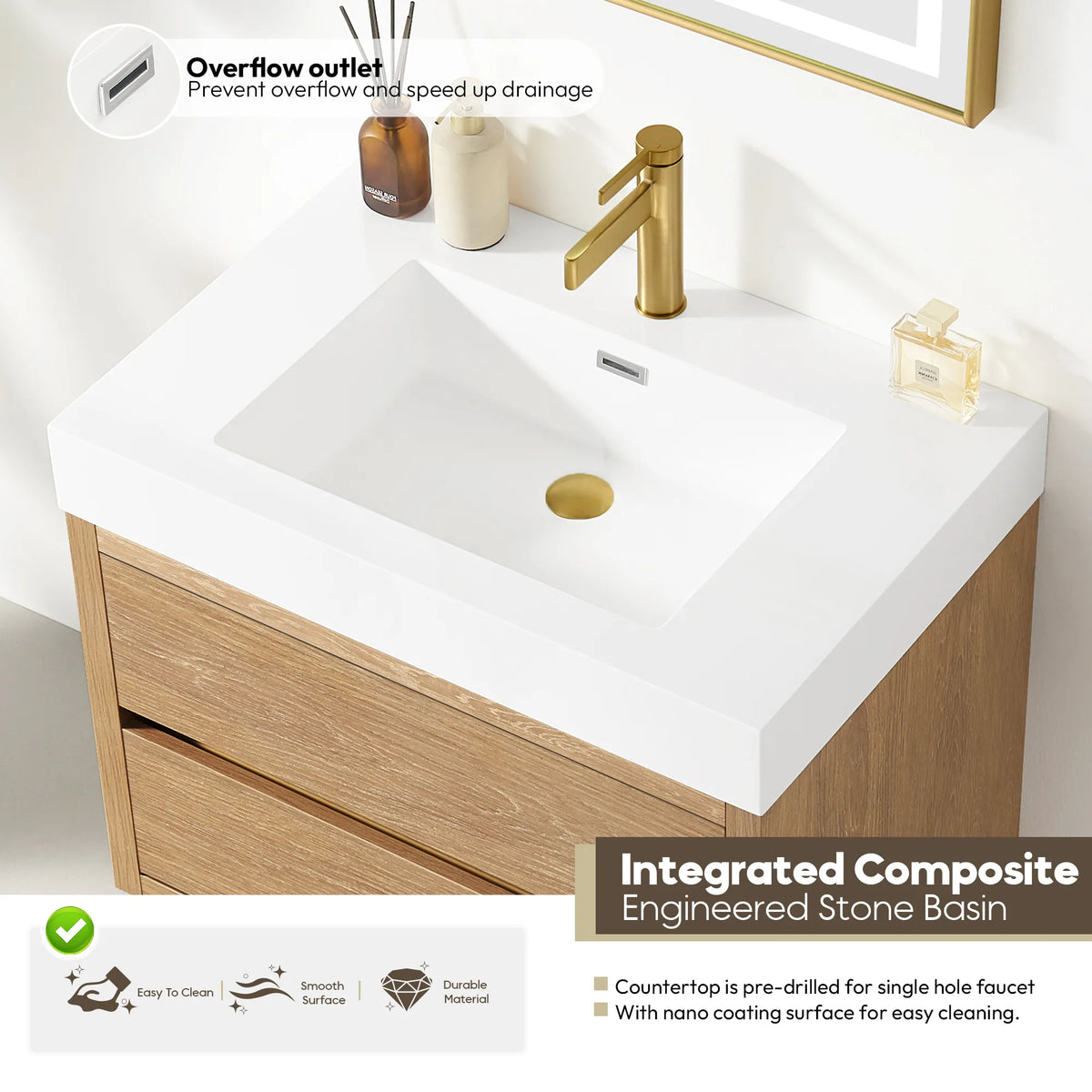 Close view of the integrated composite sink with overflow
