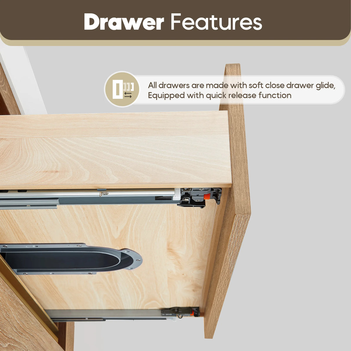 Drawer feature callout showing the glide hardware inside the box