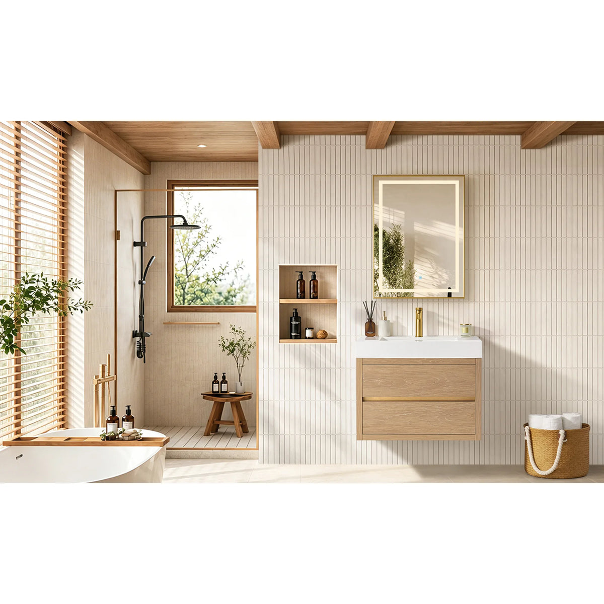 Room scene with a walk-in shower, window and a floating vanity in North American Oak