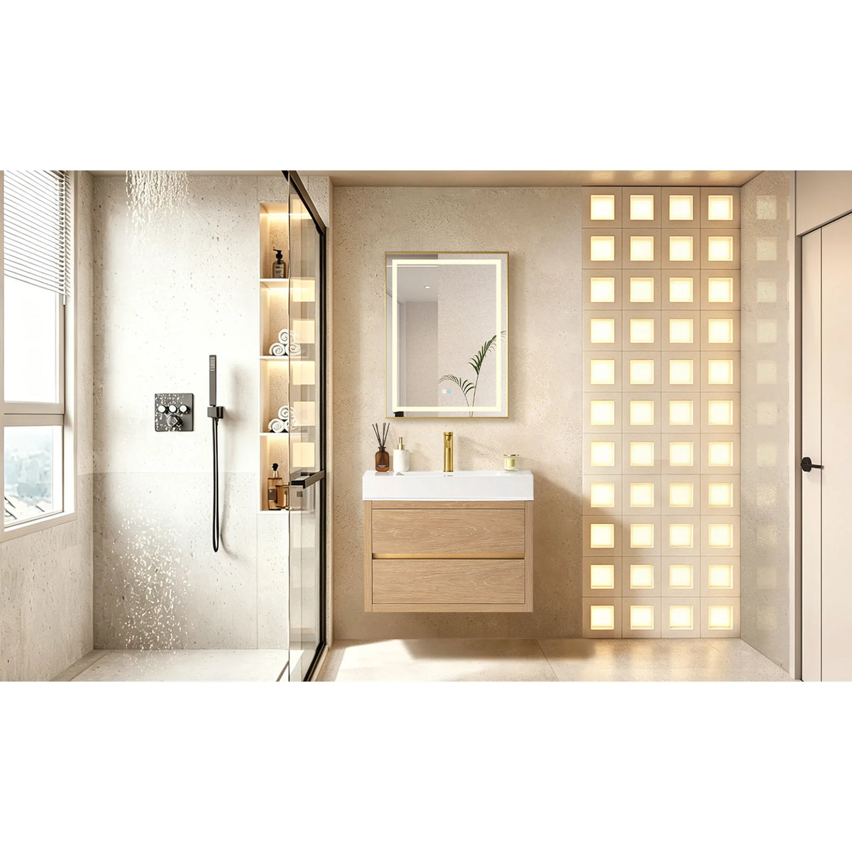 Floating North American Oak vanity near a shower, lit wall niche and an LED mirror