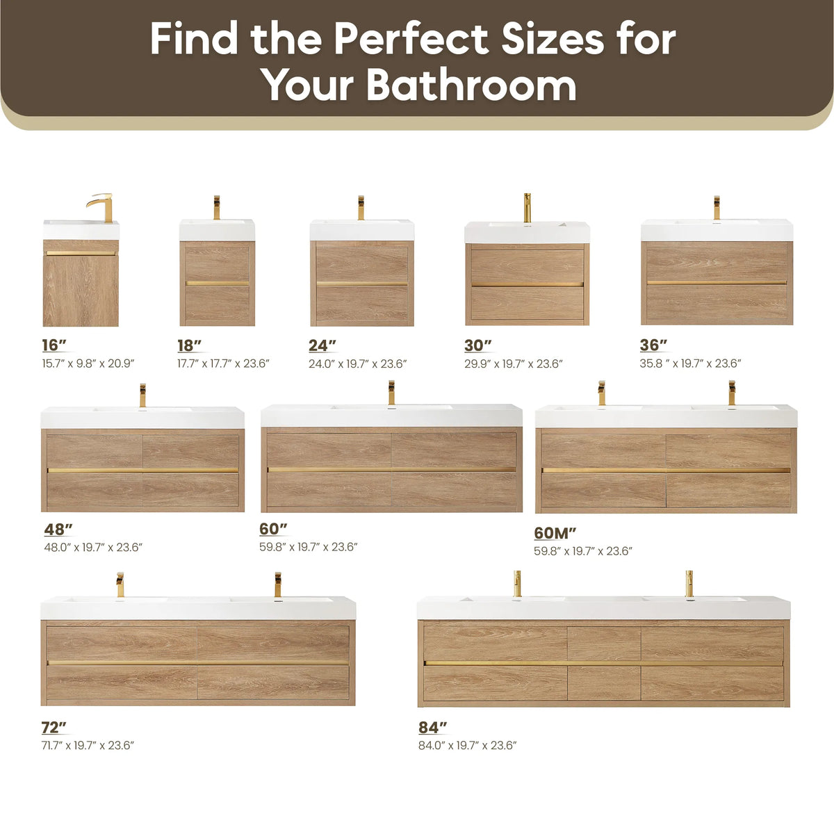 Chart of the vanity widths with depth and height for each size