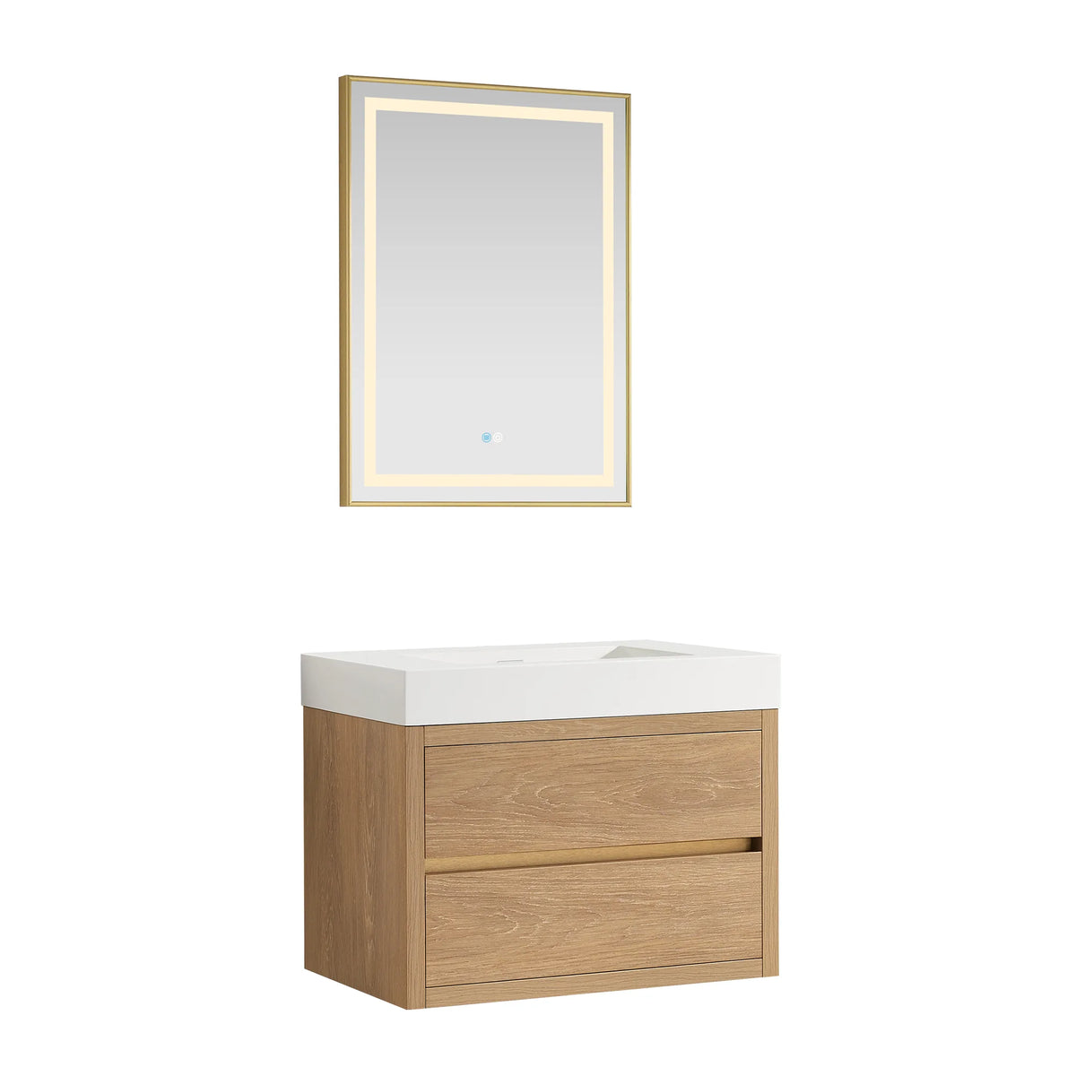 Wall-mount vanity paired with its rectangular LED mirror, on white
